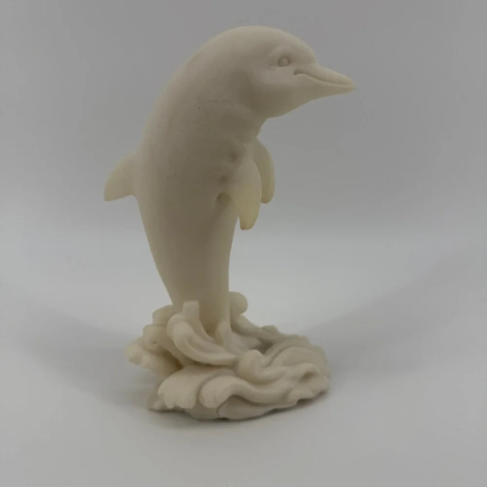Vintage Hand Carved Alabaster Dolphin Sculpture Figure Cream Coastal Ocean 7